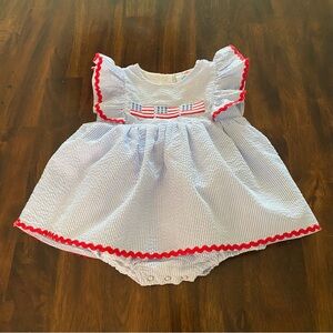 Stitchy Fish Seersucker Baby Bubble Dress with Embroidered American Flag